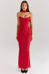 holly red mesh maxi skirt with fluted hem