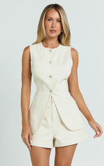 Rhianna Top - Button Down Longline Recycled Denim Vest Top in Ecru