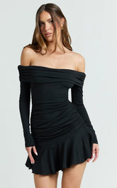 Ophelia Mini Dress - Off Shoulder Flip Skirt Jersey Ruched Dress in Black