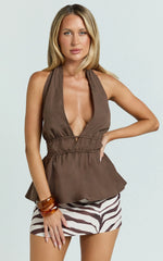 Jameela Top - Halter Neck Tie Back Gathered Top in Chocolate