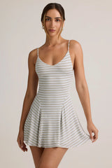 Modal Ribbed Tie-Back A-Line Mini Dress in Blue Yellow Stripe