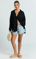 Leanne Top - Button Down Linen Blend Long Sleeve Shirt in Black