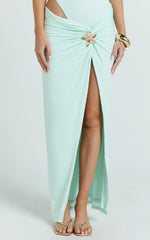 Nerissa Midi Skirt - Jewelled Trim Twist Leg Split Skirt in Mint