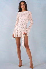 Long-Sleeve Open-Back Mini Dress in Ivory Polka Dot Print