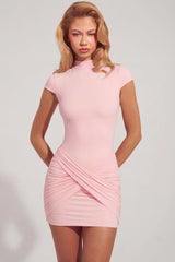 Jersey Turtleneck Ruched Backless Mini Dress in Pink