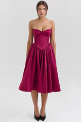 burgundy satin tulle midi dress