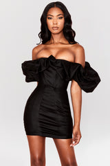 black satin puff shoulder dress