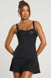 Brushed Twill Drop Waist Kilt Mini Dress in Black