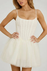 Embellished Corset Tulle Skirt Mini Dress in White