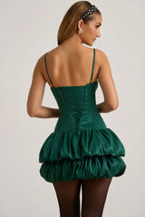 Satin Bubble Hem Corset Mini Dress in Emerald Green