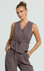 Lorde Top - V Neck Vest Top With Tie Waist in Mushroom