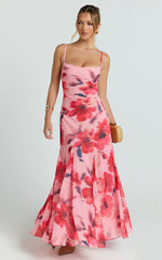 Claudia Maxi Dress - Floral Cowl Neck Godet Dress in Pink Floral