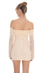Lace Draped Off Shoulder Dress in Pastel Peach