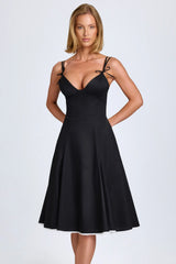 Bow-Detail A-Line Midi Dress in Black