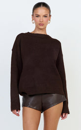 Amanda Top - Crew Neck Long Sleeve Knit Sweater in Chocolate