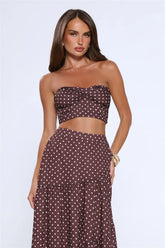 Icon Darling Strapless Polka Dot Crop Top Brown