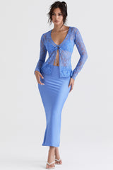 blue satin bias cut midi skirt