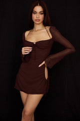 chocolate chiffon cutout halter mini dress
