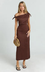 Cincinnati Midi Dress - Off The Shoulder Side Split Column Linen Dress in Chocolate