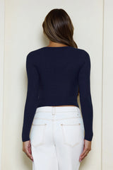 BASE Luxe Rib V Neck Button Long Sleeve Top Navy