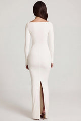 Soft Jersey Boat-Neck Tie-Gather Maxi Dress in White