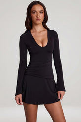 Soft Jersey Scoop-Neck Flared Mini Dress in Black