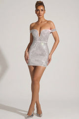 Embellished Off-Shoulder Mini Dress in White