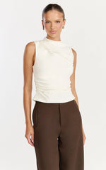 Gisandra Top - High Neck Gathered Sleeveless Top in Cream