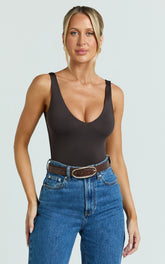 Jamie Bodysuit - V Neck Bodysuit in Chocolate