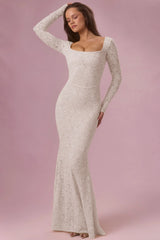 Lace Long-Sleeve Maxi Dress in Pearl