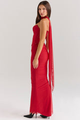 holly red mesh maxi skirt with fluted hem