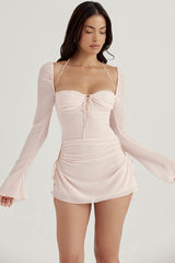 pink quartz chiffon cutout halter mini dress