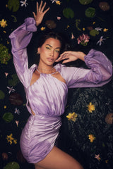 orchid satin wrap front mini dress