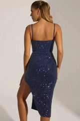 Embellished Draped Corset Midaxi Dress in Midnight Blue
