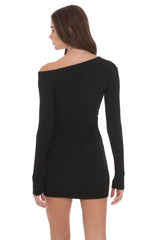 Off Shoulder Henley Dress in Black