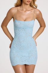 Scalloped-Lace Mini Dress in Powder Blue