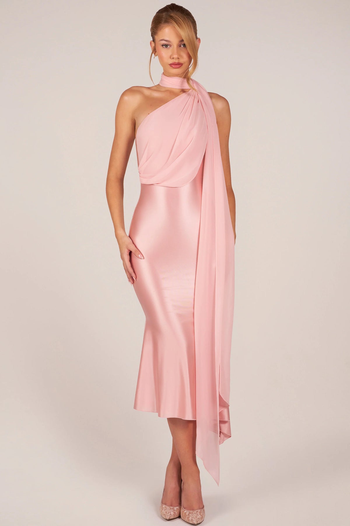 Scarf-Detail Midaxi Dress in Blush