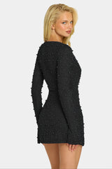 Embellished Wrap Over A-Line Mini Dress in Black