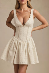 Broderie Anglaise Bow-Detail A-Line Mini Dress in Ivory