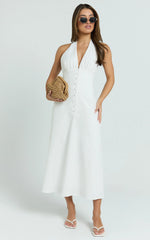 Beata Midi Dress - Plunge Halter A Line Dress in White