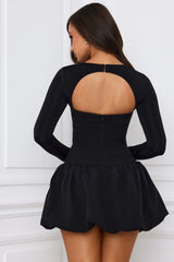 Long-Sleeve Bubble Hem Mini Dress in Black