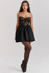 black lace and satin strapless mini dress
