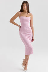 pink jacquard lace up bodycon midi dress