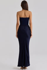 navy satin + crepe strapless corset maxi dress