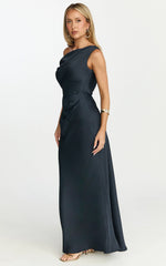 Lira Maxi Dress - One Shoulder Satin Dress in Navy