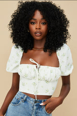 ivory floral puff sleeve cropped top