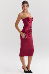 berry satin strapless midi dress