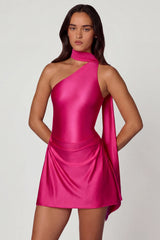 Asymmetric Scarf-Detail Mini Dress in Hot Pink