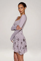 Embellished Appliqué Asymmetric Mini Dress in Lilac