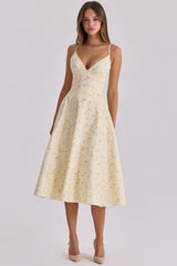 lemon floral print strappy cotton midi sundress